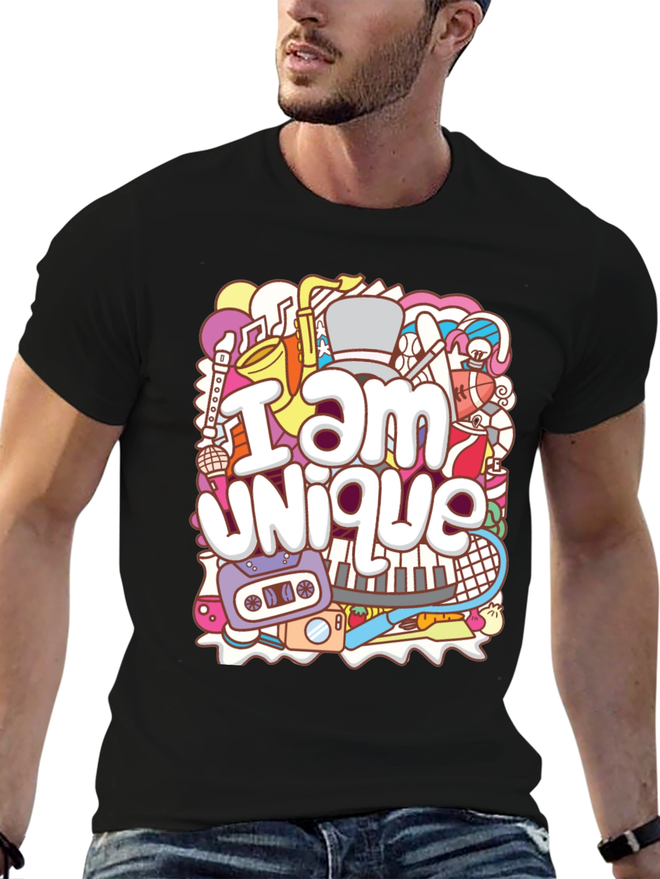 Unique Doodle Graphic T-Shirt - Black Crew Neck