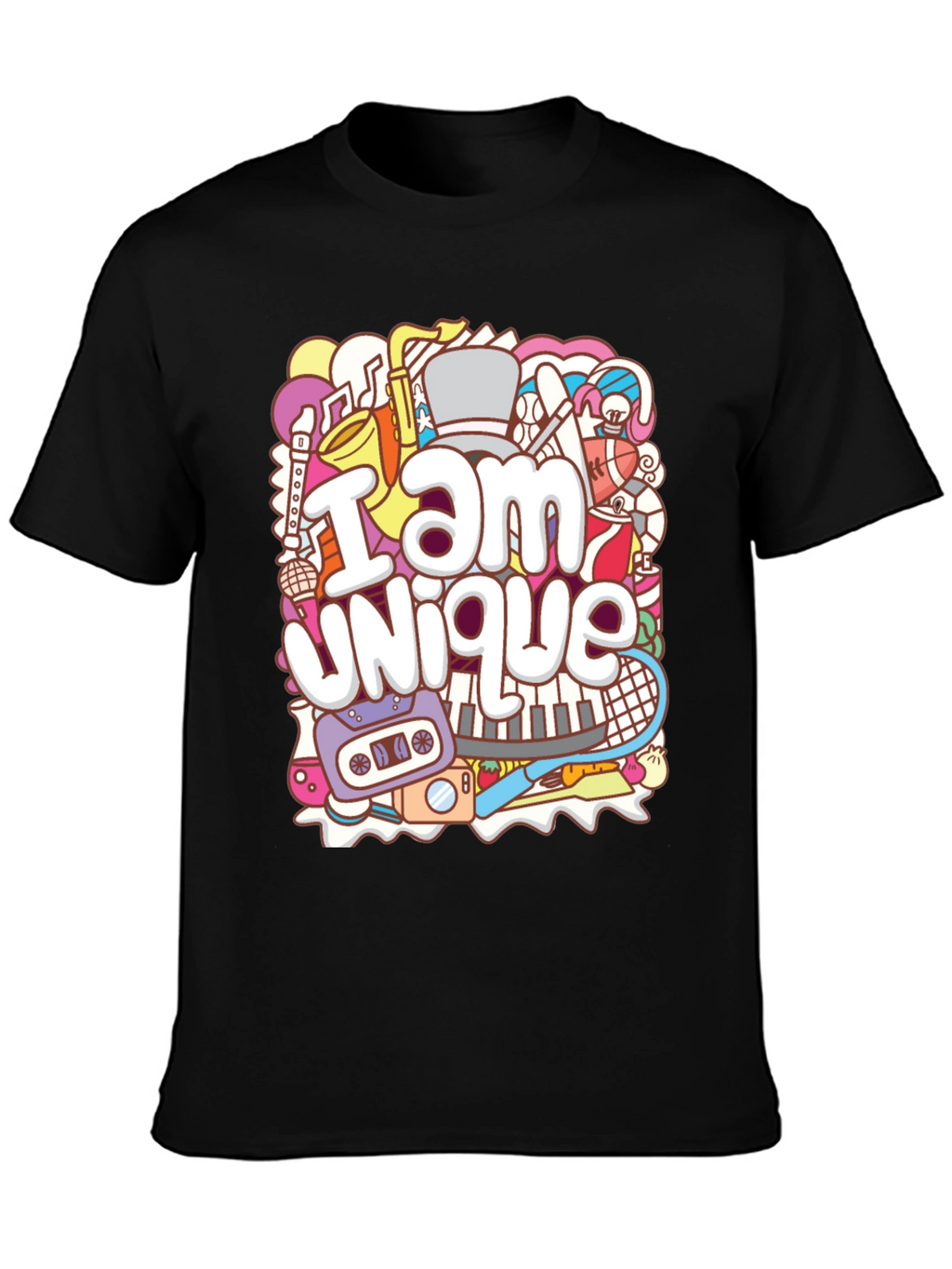 Unique Doodle Graphic T-Shirt - Black Crew Neck