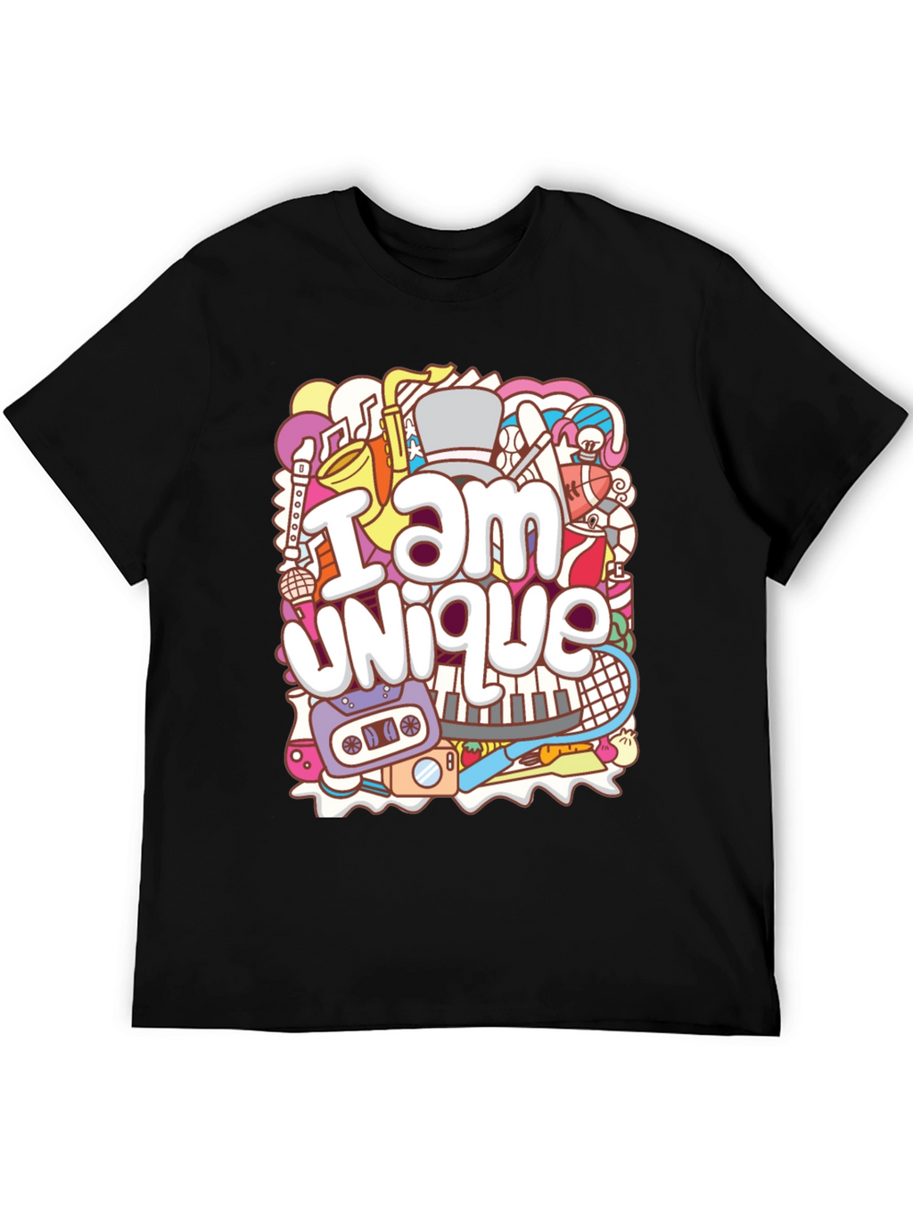 Unique Doodle Graphic T-Shirt - Black Crew Neck