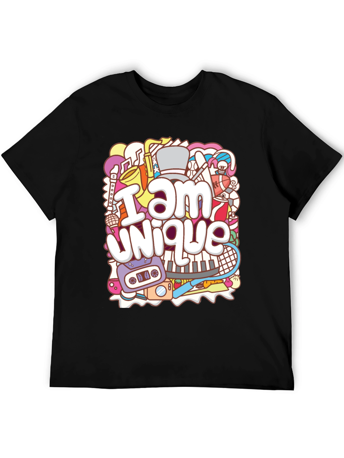 Unique Doodle Graphic T-Shirt - Black Crew Neck