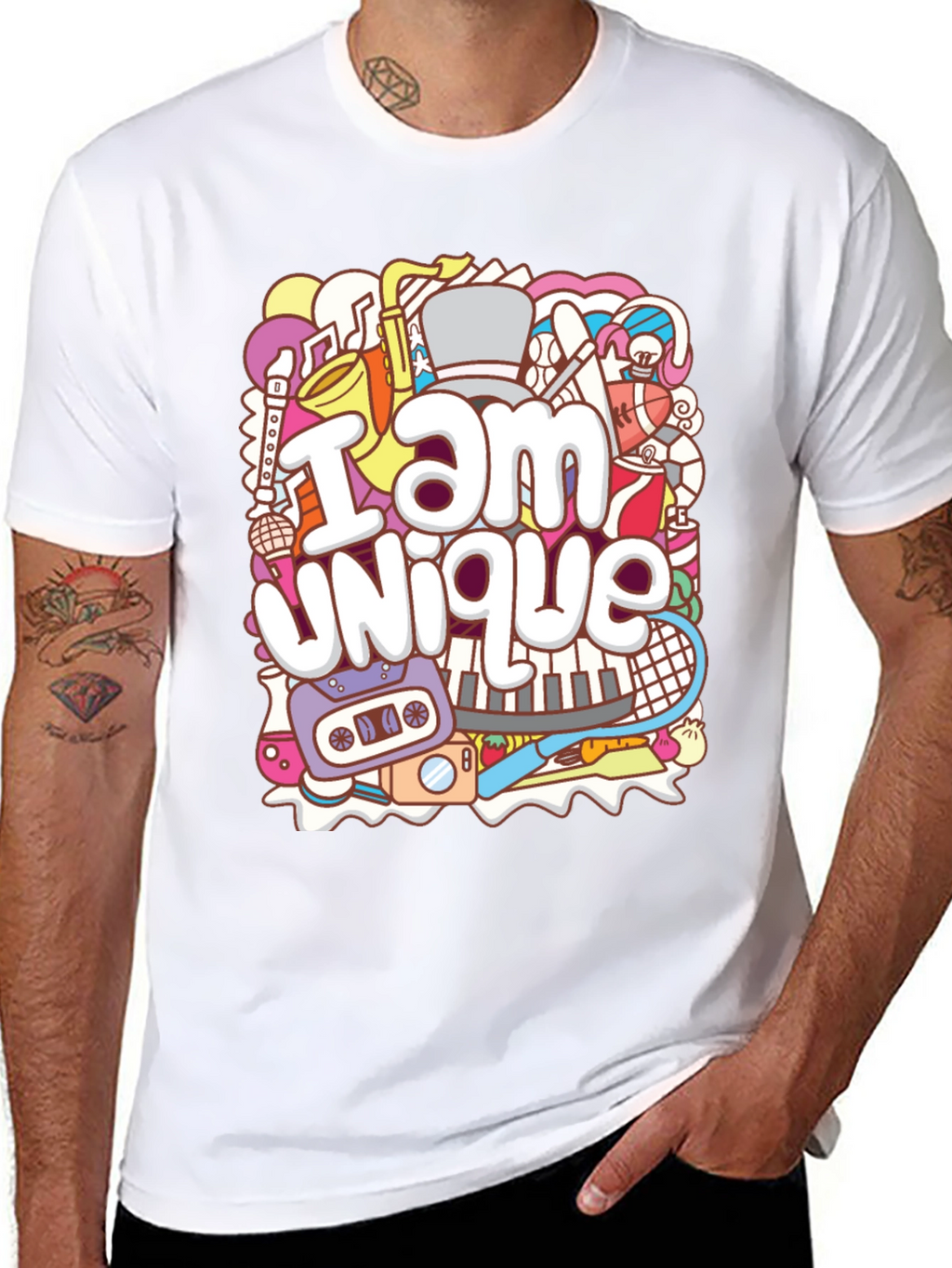 Unique Doodle Graphic T-Shirt - Black Crew Neck
