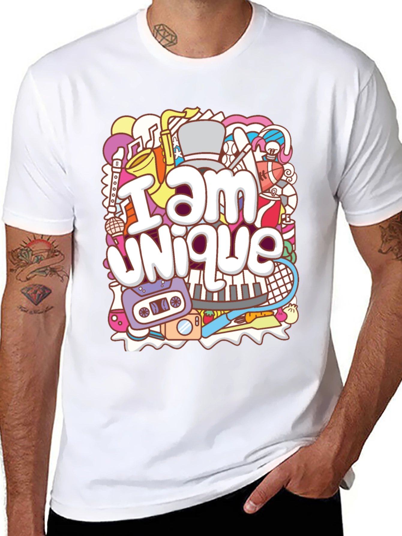 Unique Doodle Graphic T-Shirt - Black Crew Neck