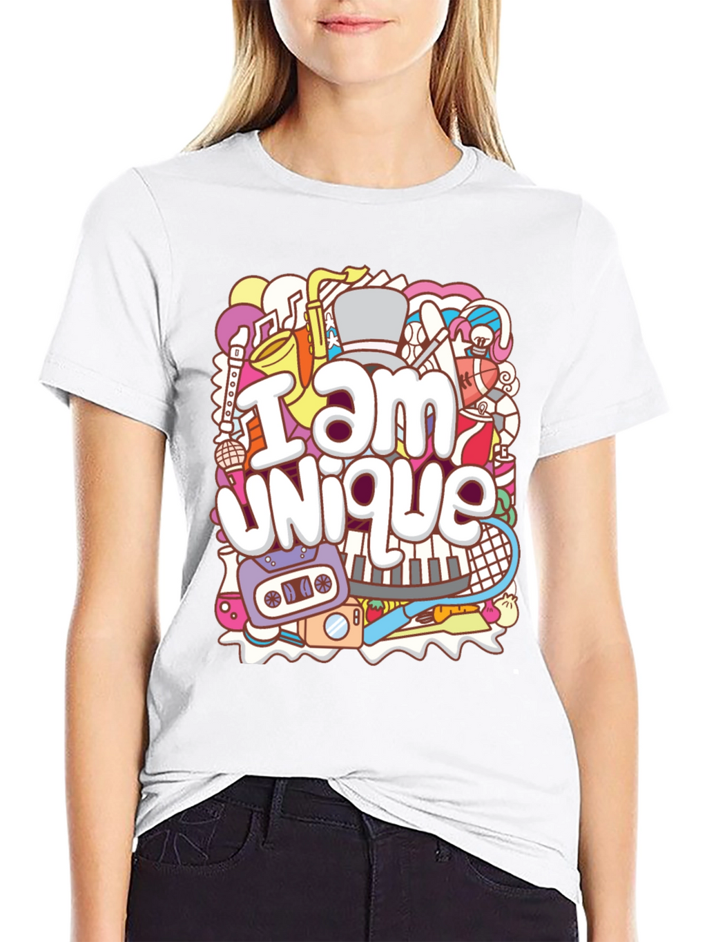 Unique Doodle Graphic T-Shirt - Black Crew Neck