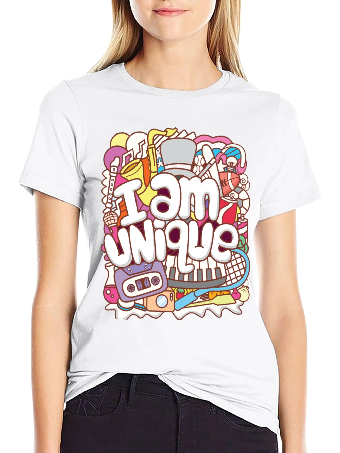 Unique Doodle Graphic T-Shirt - Black Crew Neck