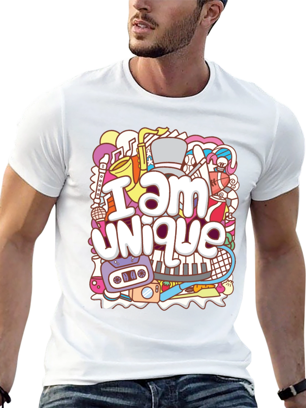 Unique Doodle Graphic T-Shirt - Black Crew Neck