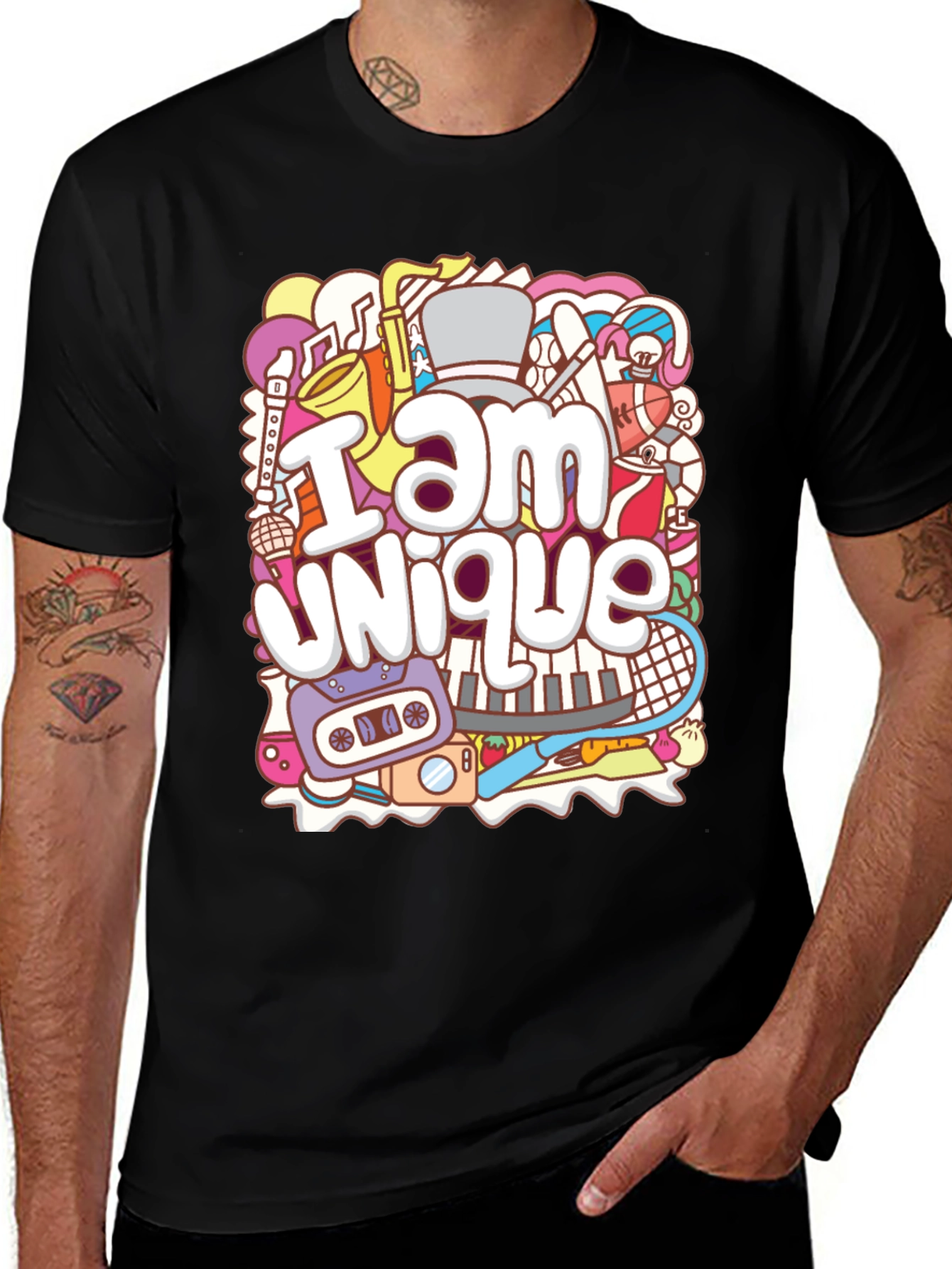Unique Doodle Graphic T-Shirt - Black Crew Neck