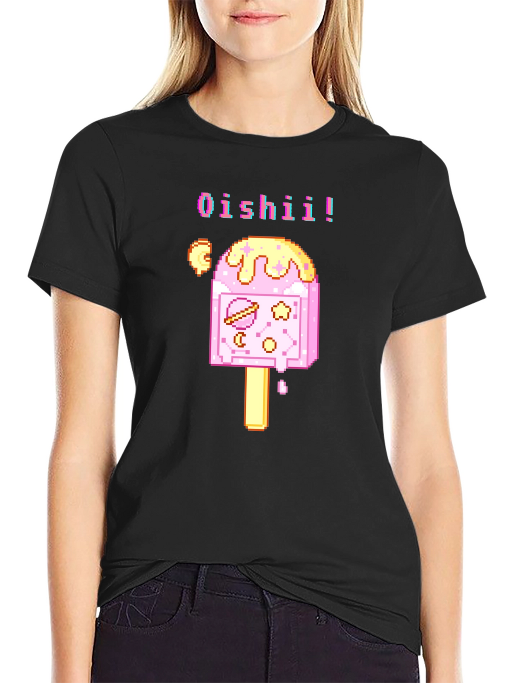 Oishii Pixel Art Ice Cream Black T-Shirt