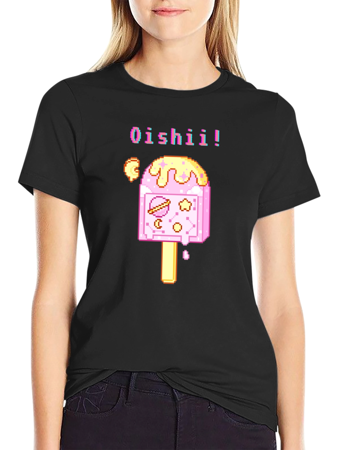 Oishii Pixel Art Ice Cream Black T-Shirt