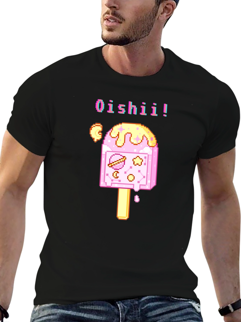 Oishii Pixel Art Ice Cream Black T-Shirt