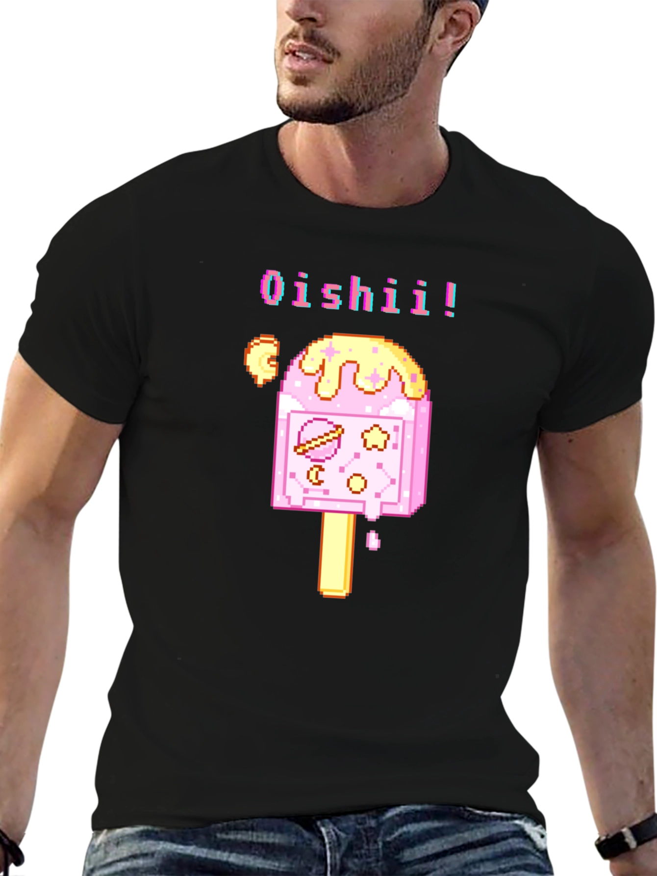 Oishii Pixel Art Ice Cream Black T-Shirt