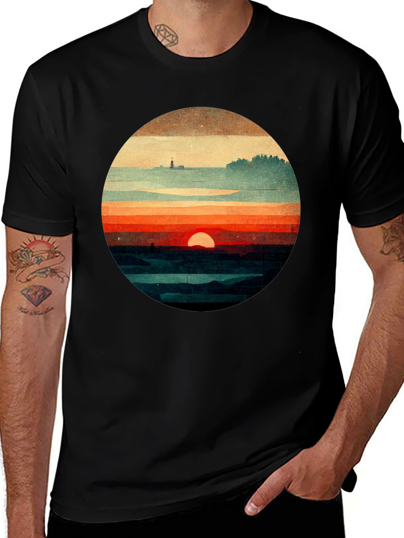 Retro Sunset Graphic Tee - Unique Landscape Design
