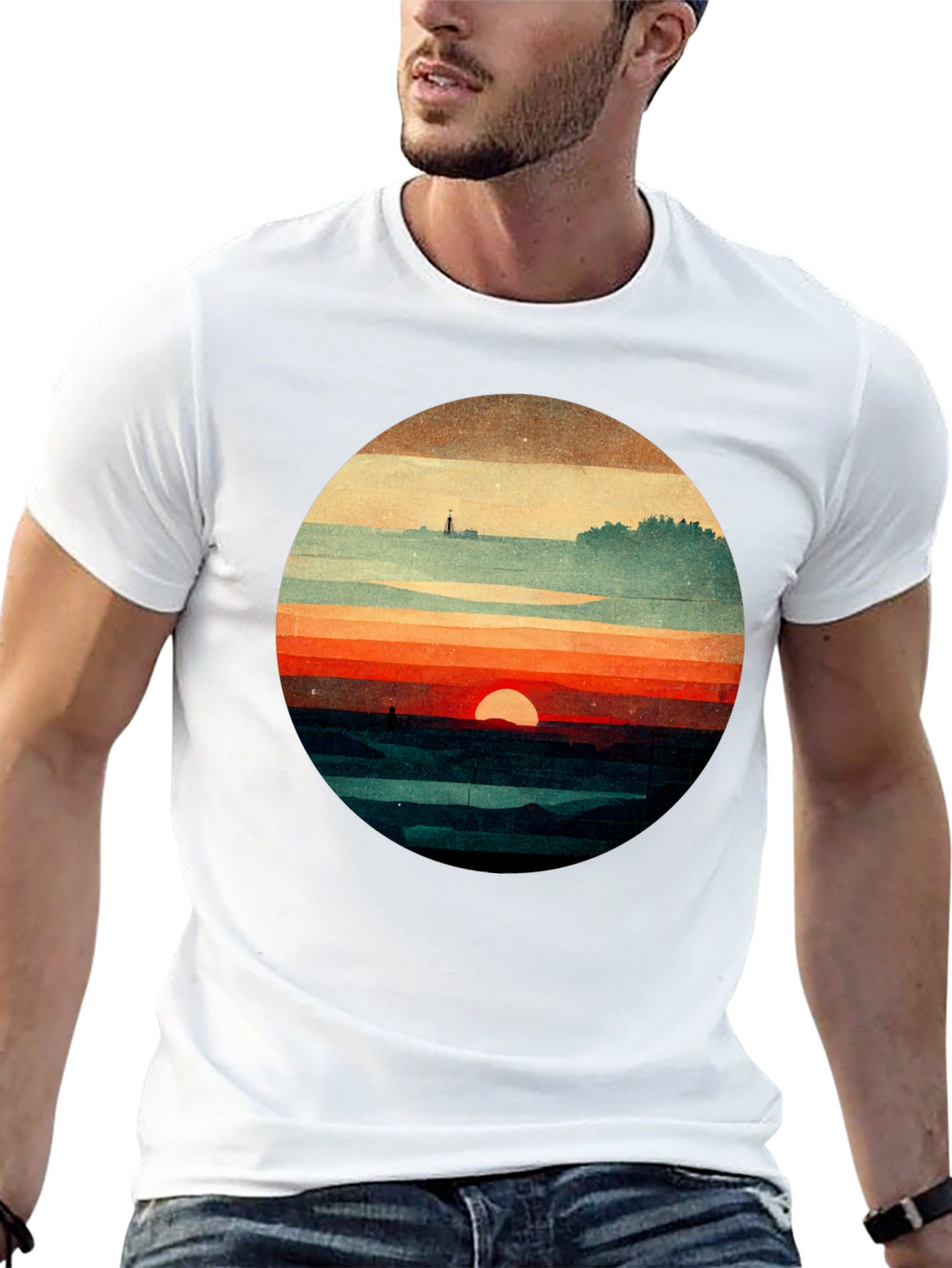 Retro Sunset Graphic Tee - Unique Landscape Design
