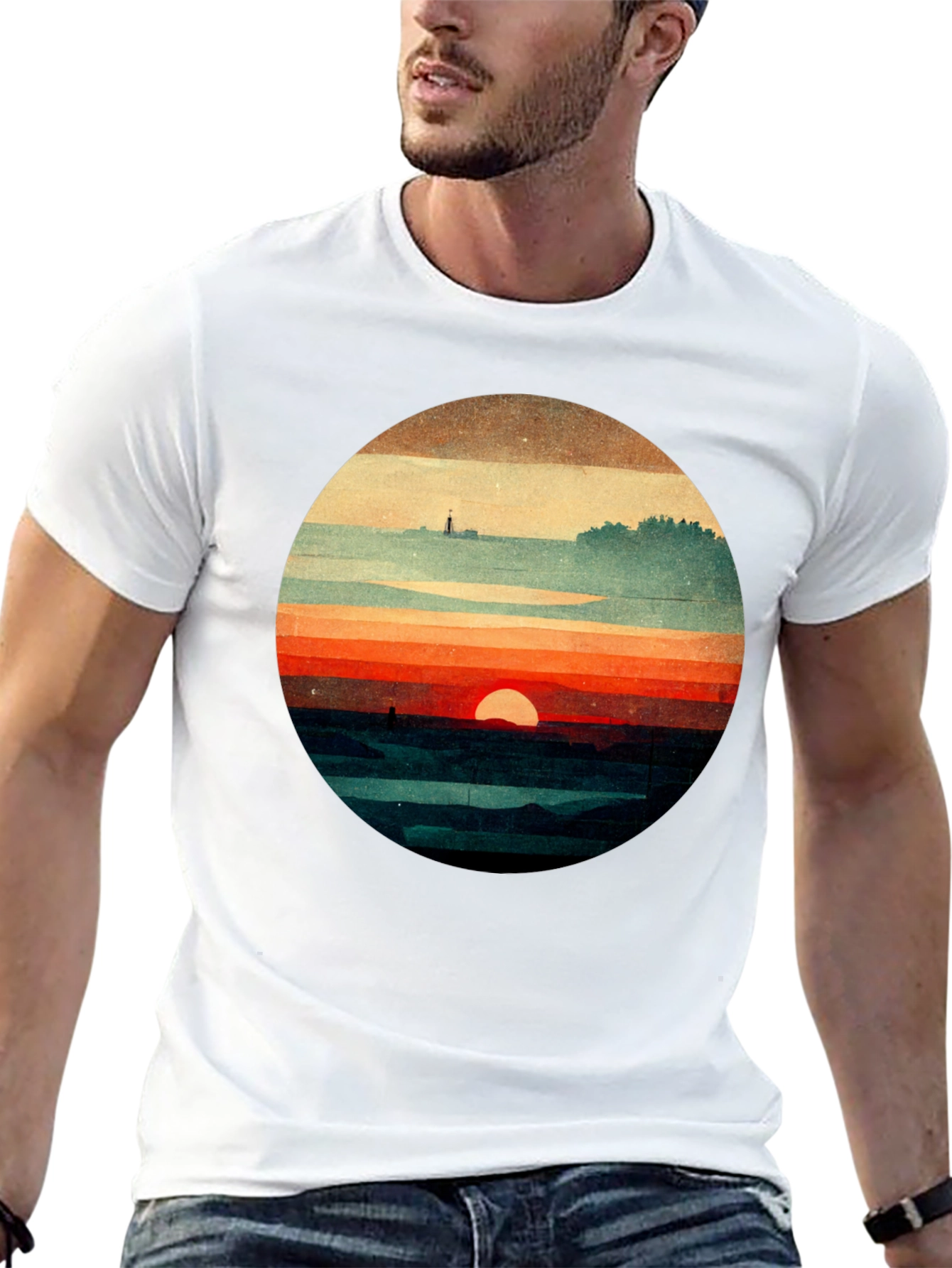 Retro Sunset Graphic Tee - Unique Landscape Design