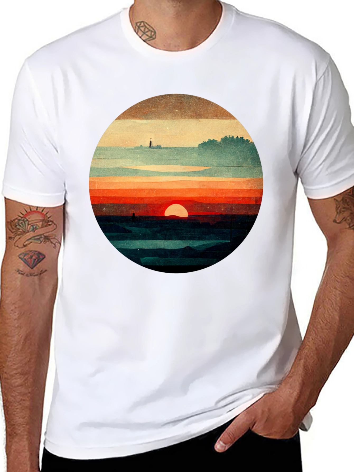 Retro Sunset Graphic Tee - Unique Landscape Design