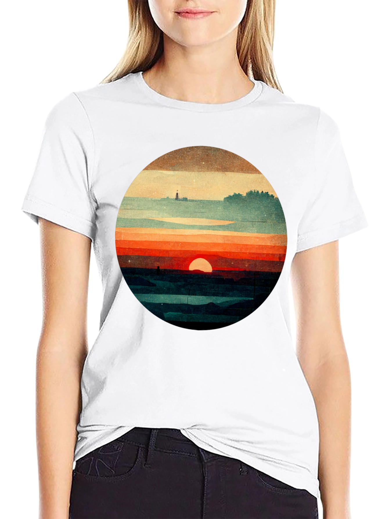 Retro Sunset Graphic Tee - Unique Landscape Design