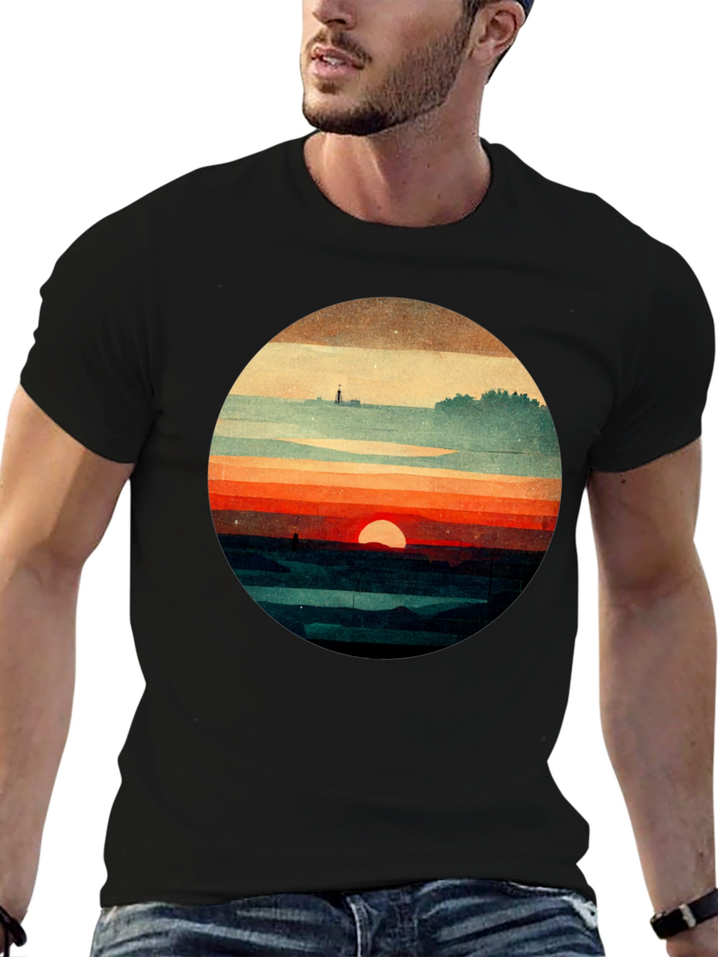 Retro Sunset Graphic Tee - Unique Landscape Design