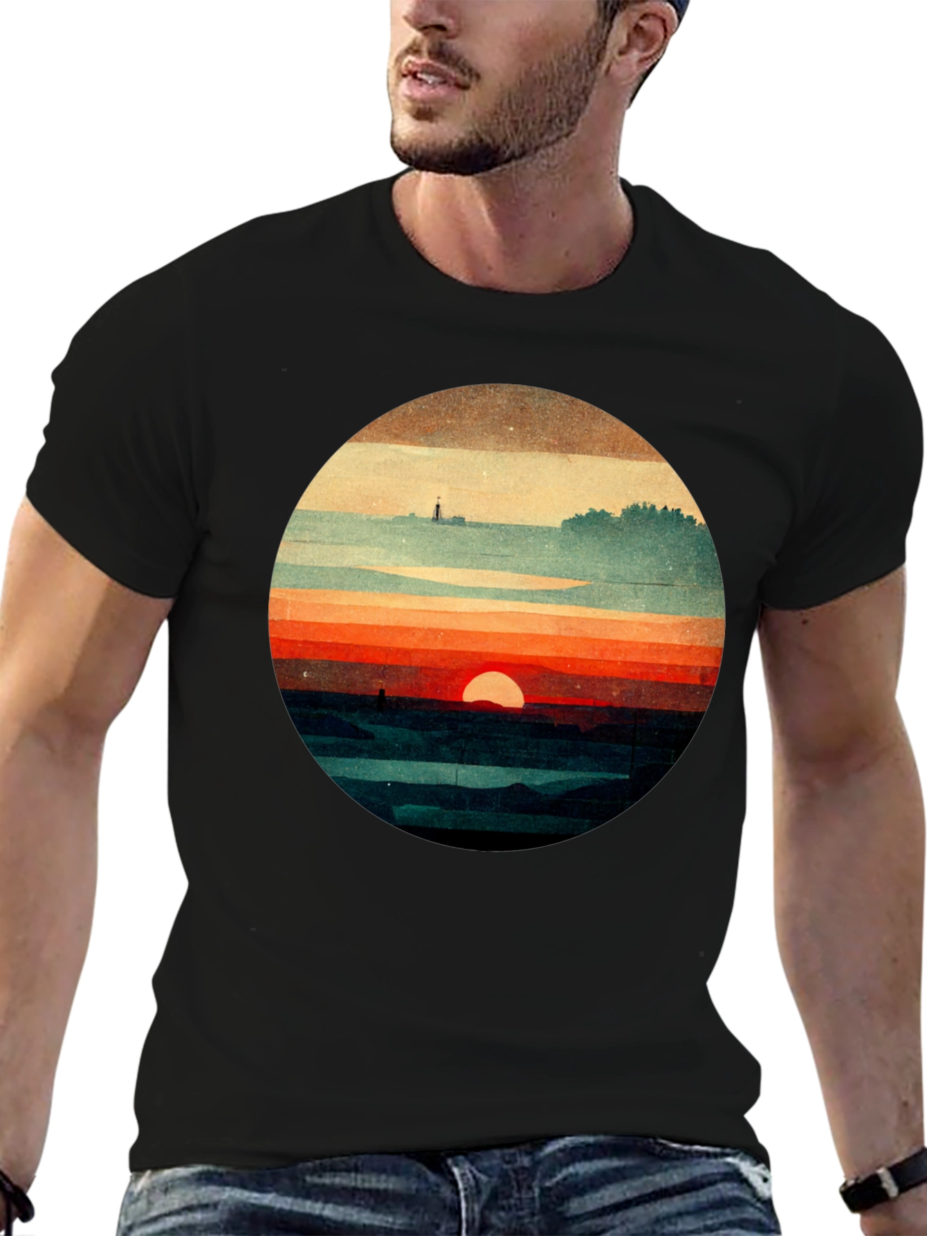 Retro Sunset Graphic Tee - Unique Landscape Design