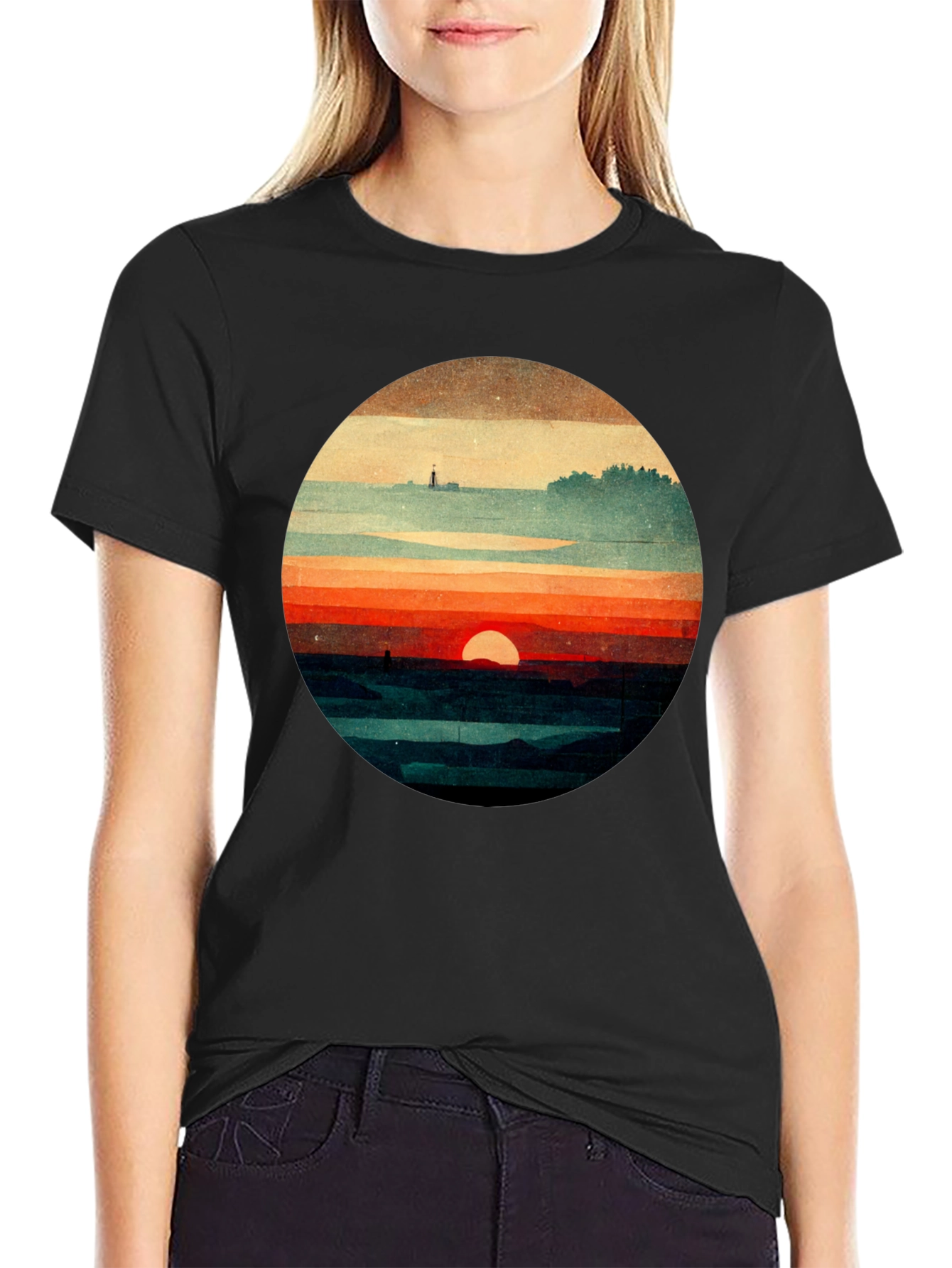 Retro Sunset Graphic Tee - Unique Landscape Design