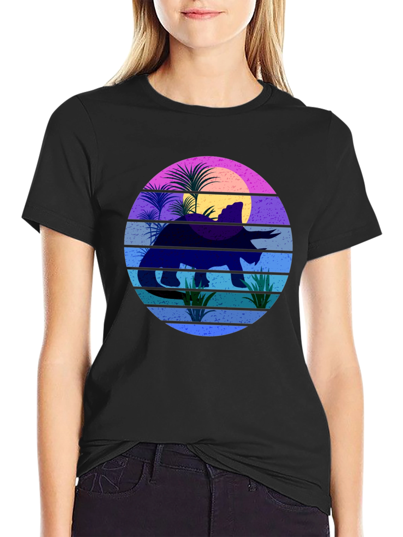 Retro Dinosaur Sunset Graphic T-Shirt