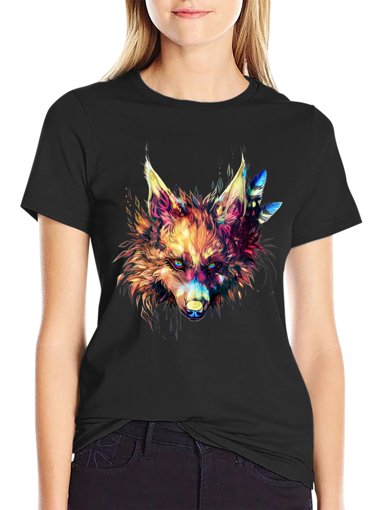 Vibrant Wolf Graphic Black T-Shirt
