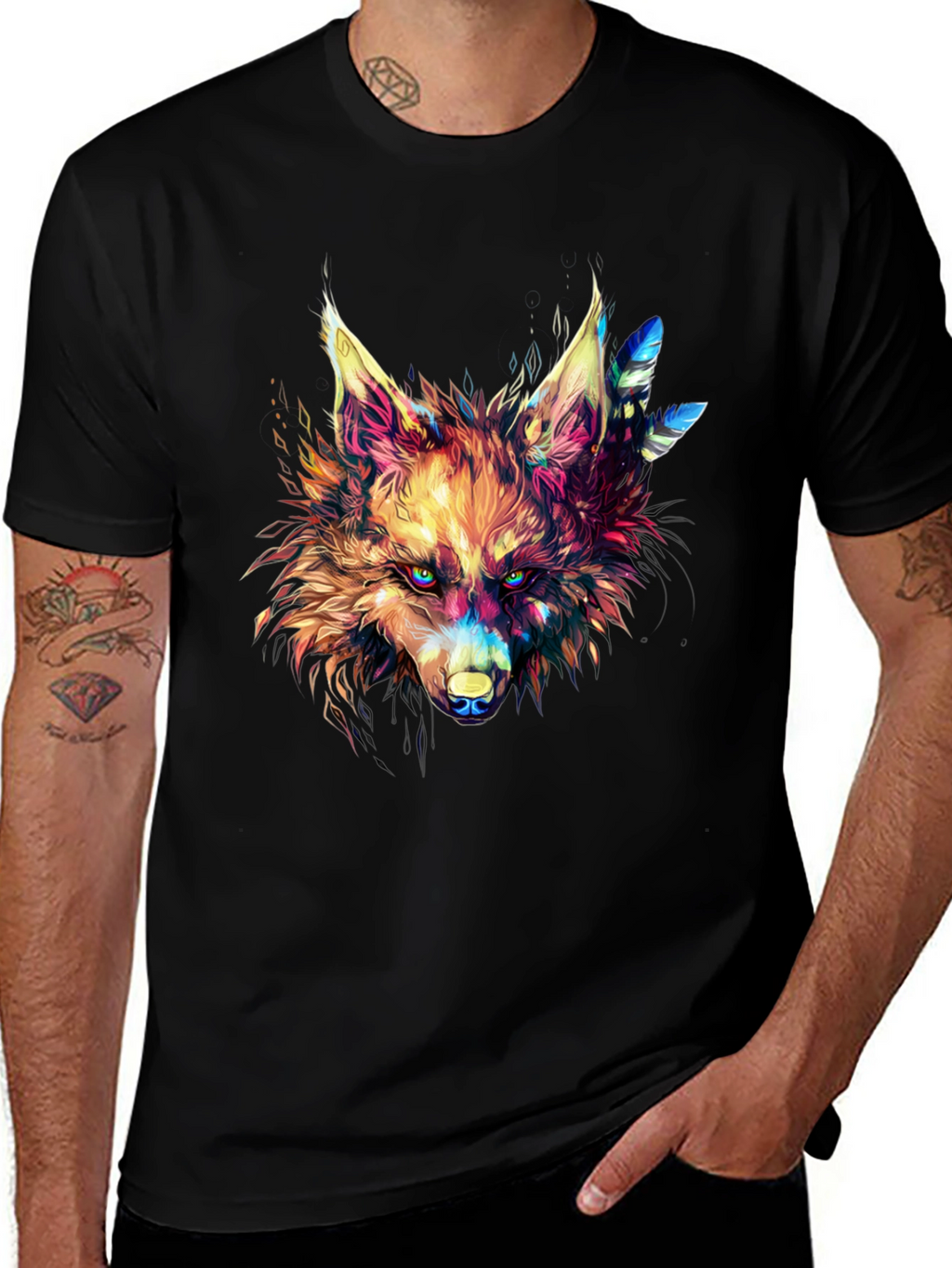 Vibrant Wolf Graphic Black T-Shirt