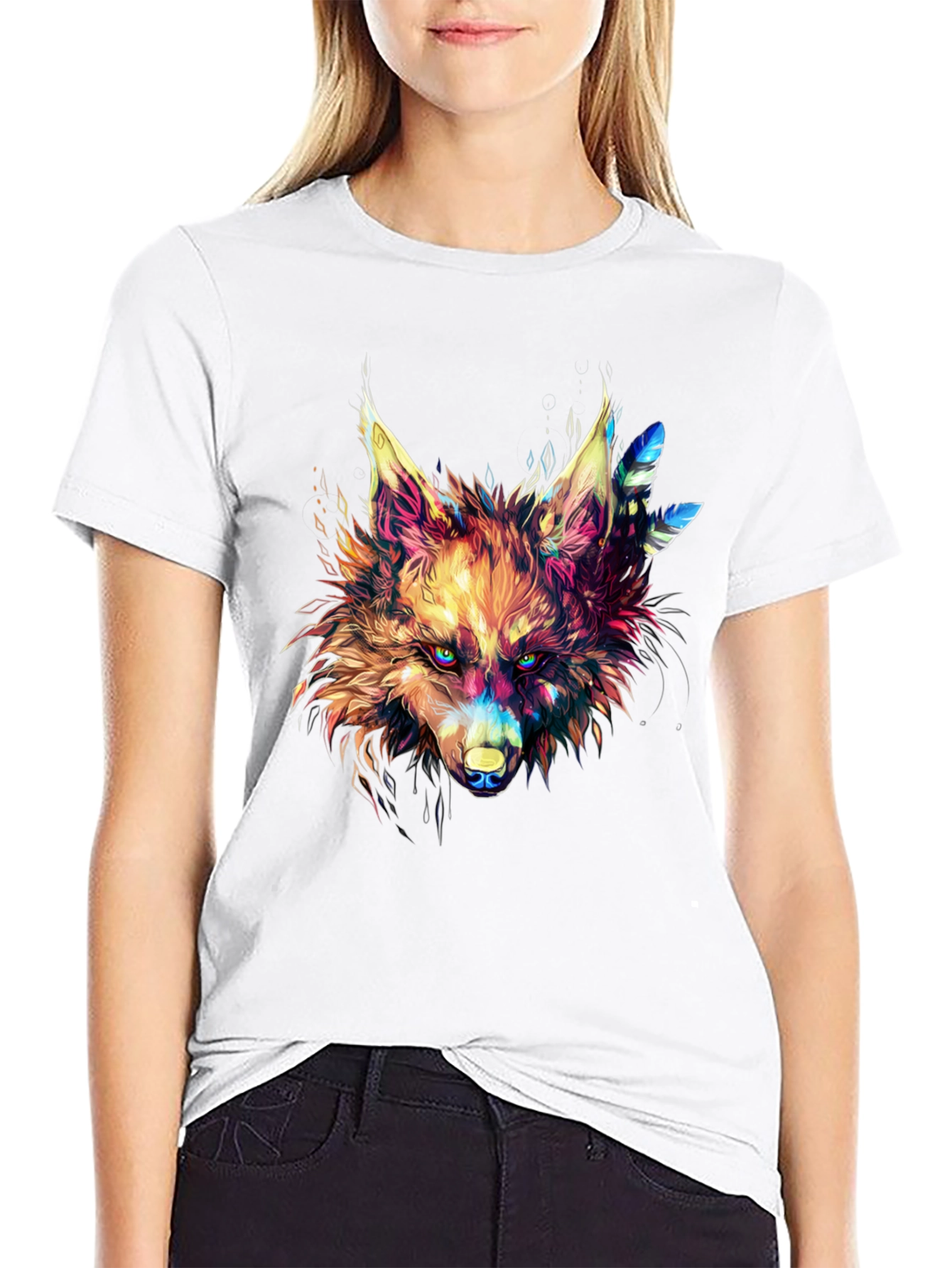 Vibrant Wolf Graphic Black T-Shirt