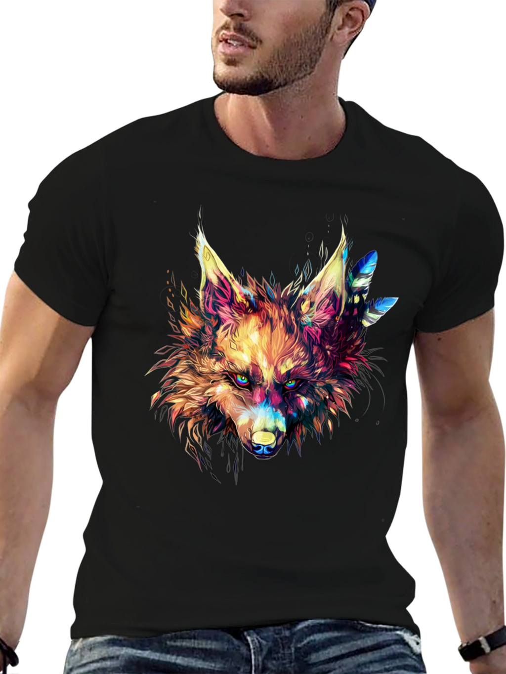Vibrant Wolf Graphic Black T-Shirt