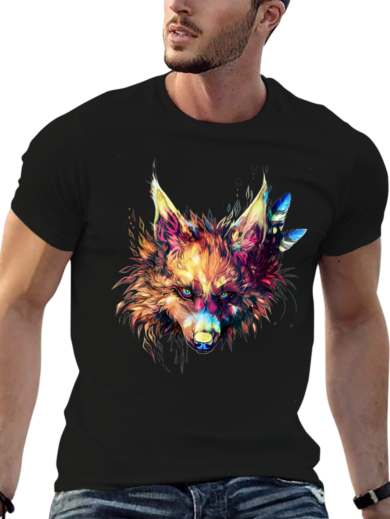 Vibrant Wolf Graphic Black T-Shirt