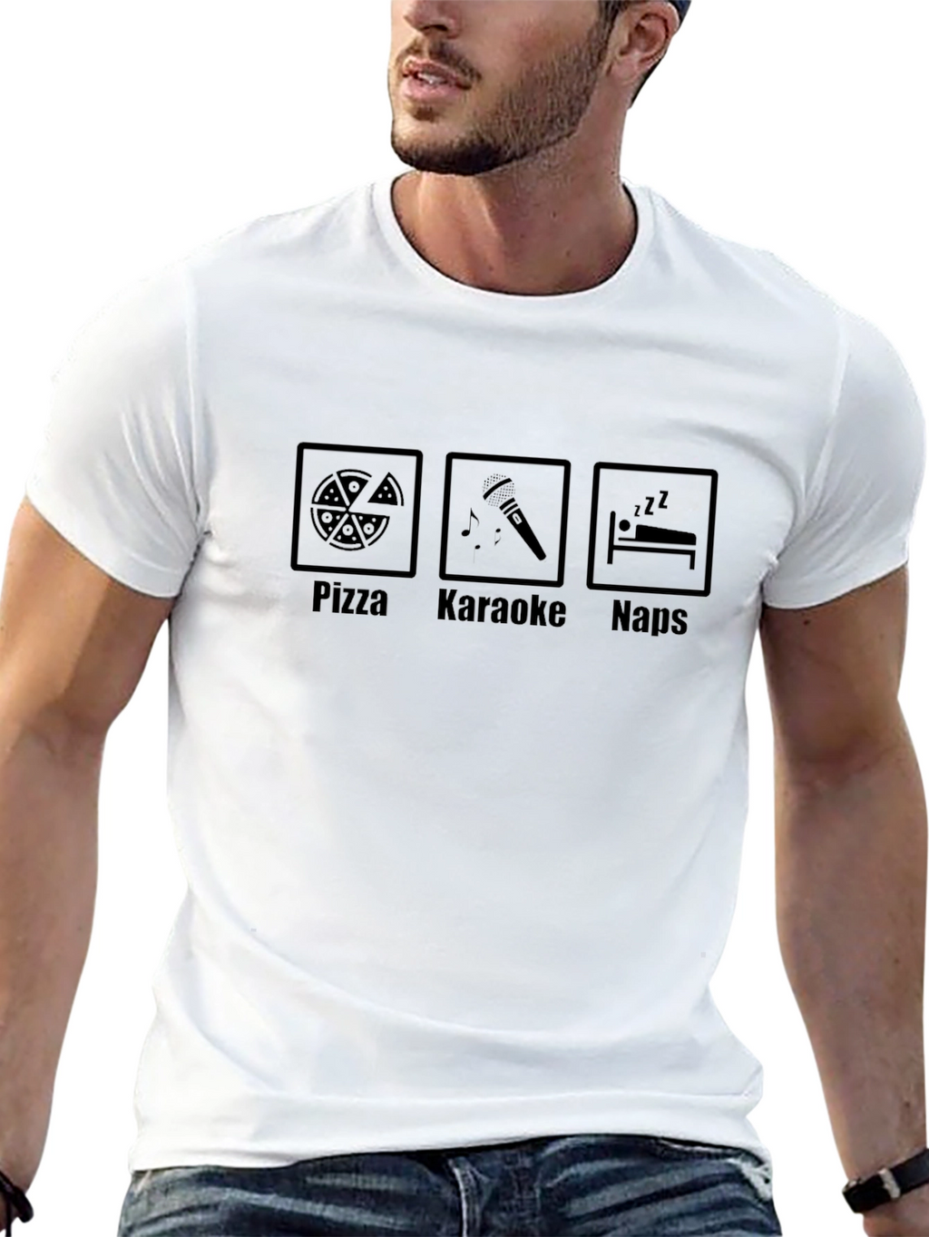 Pizza Karaoke Naps Graphic Tee - Black Cotton T-Shirt