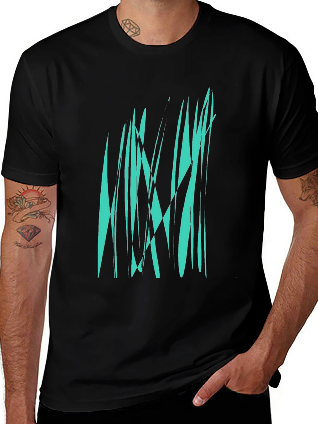 Abstract Teal Graphic Print Black T-Shirt