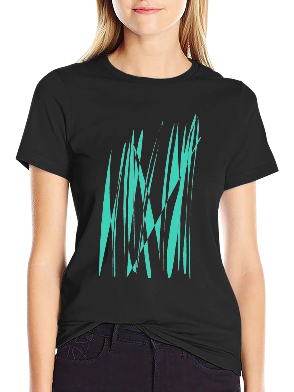 Abstract Teal Graphic Print Black T-Shirt