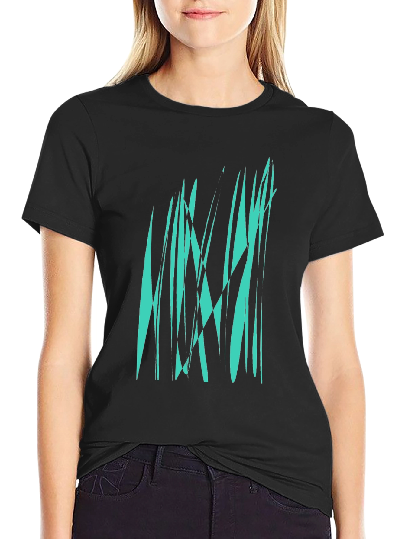 Abstract Teal Graphic Print Black T-Shirt
