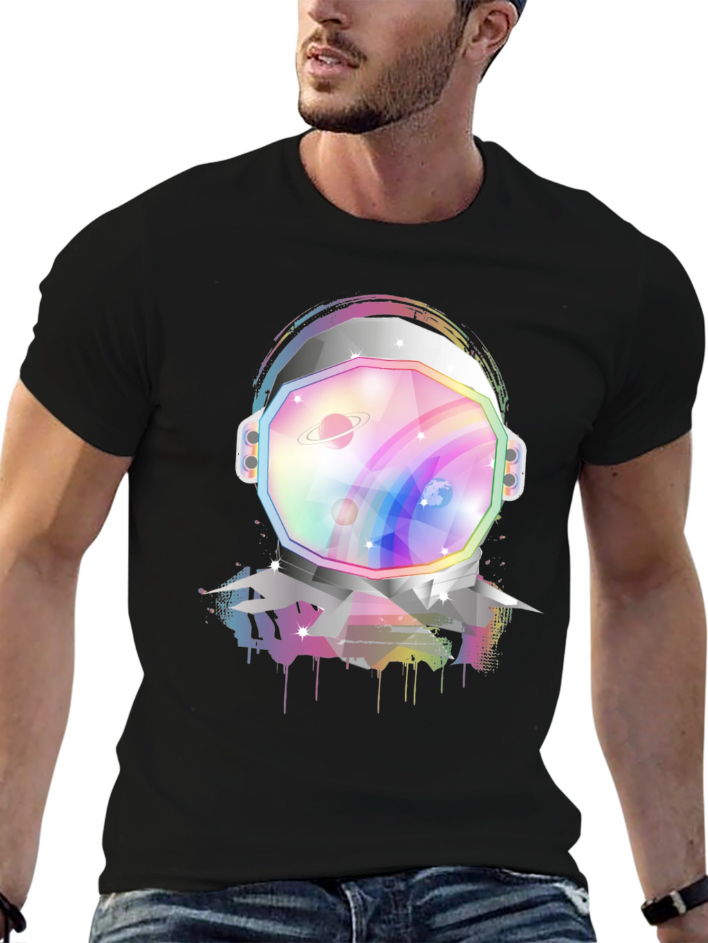 Astronaut Helmet Graphic Tee - Rainbow Space Design