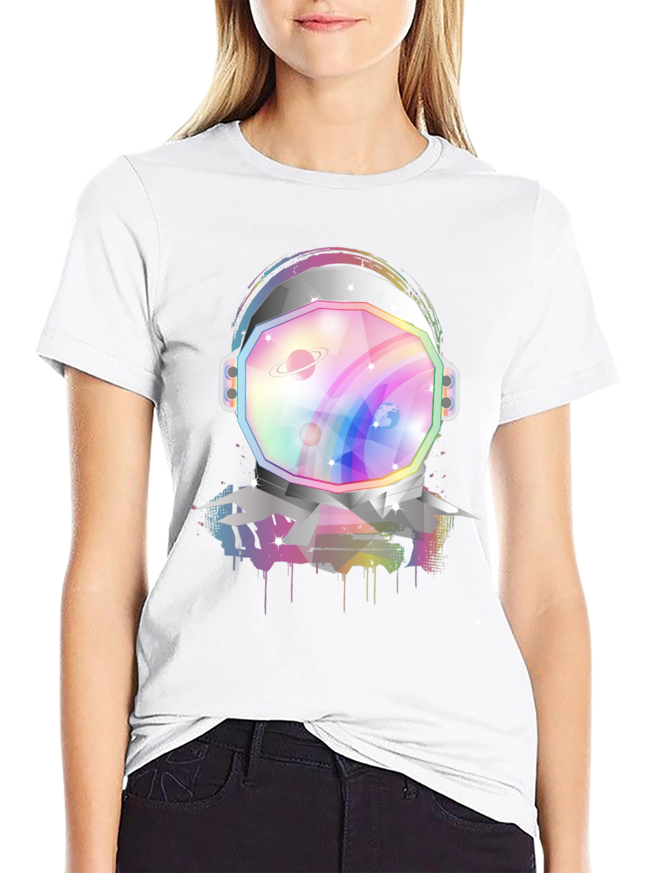 Astronaut Helmet Graphic Tee - Rainbow Space Design