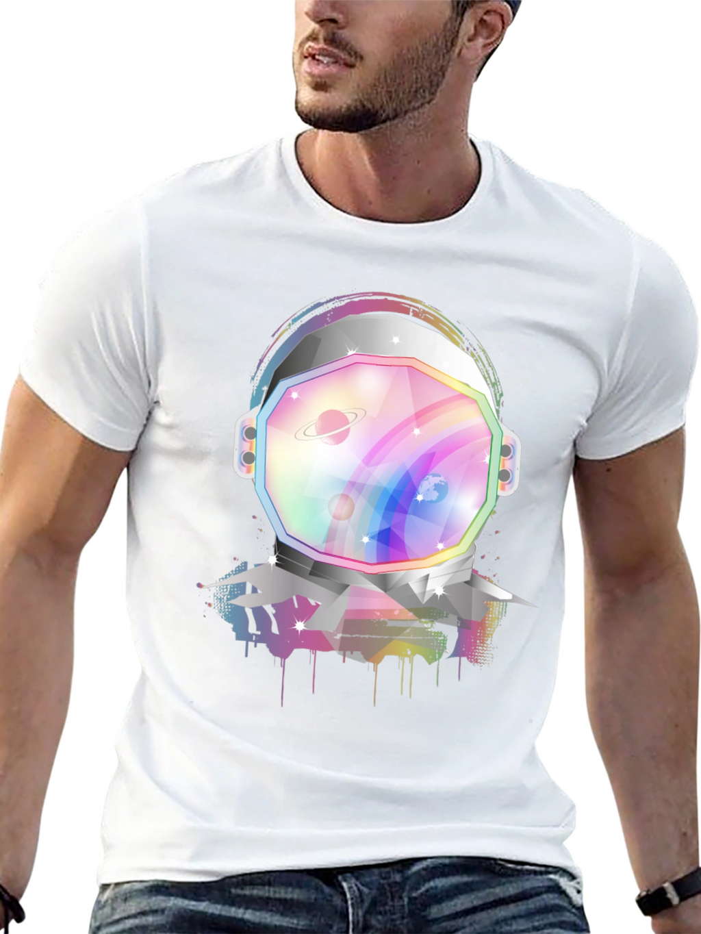 Astronaut Helmet Graphic Tee - Rainbow Space Design