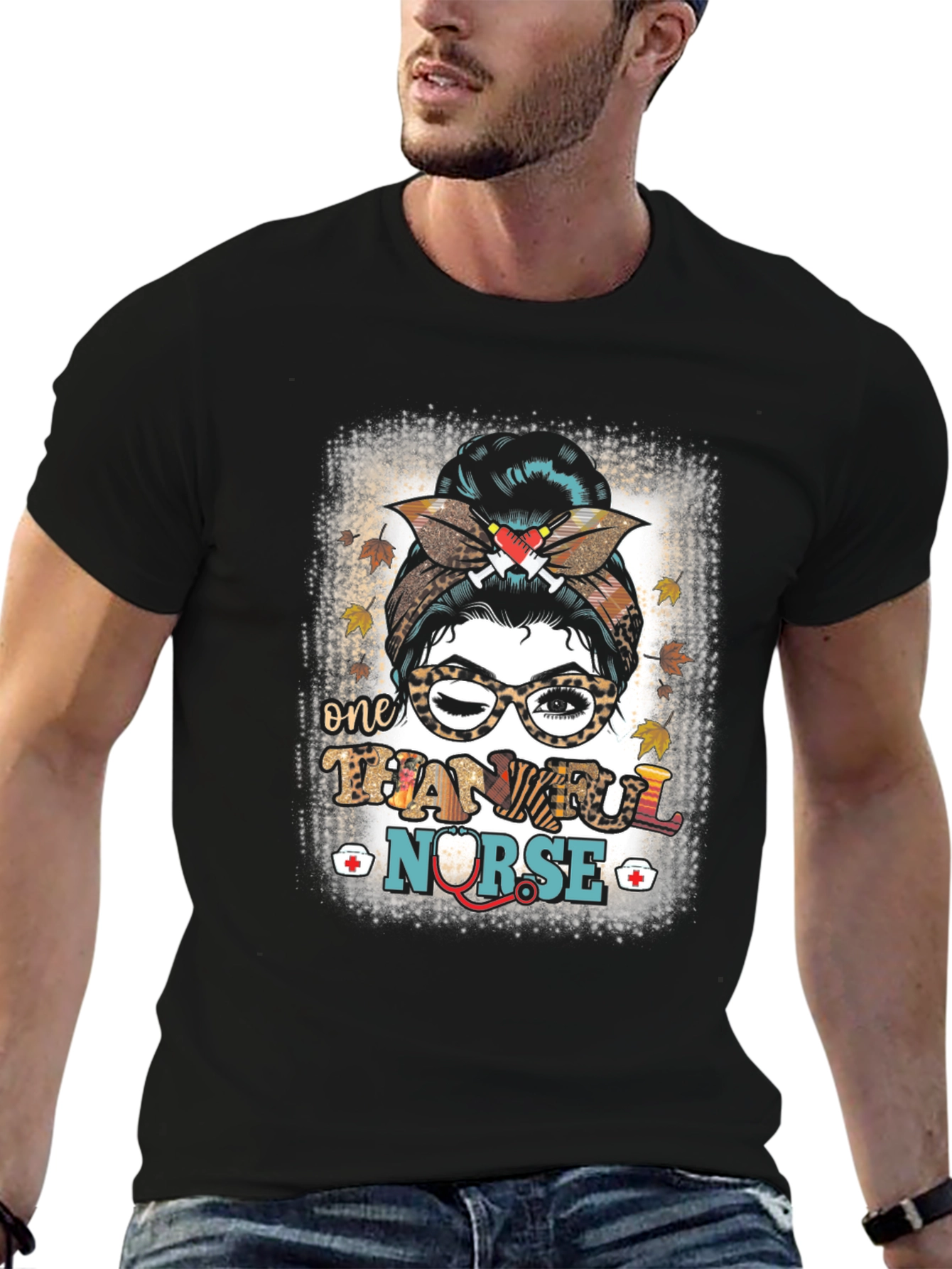 Thankful Nurse Messy Bun T-Shirt