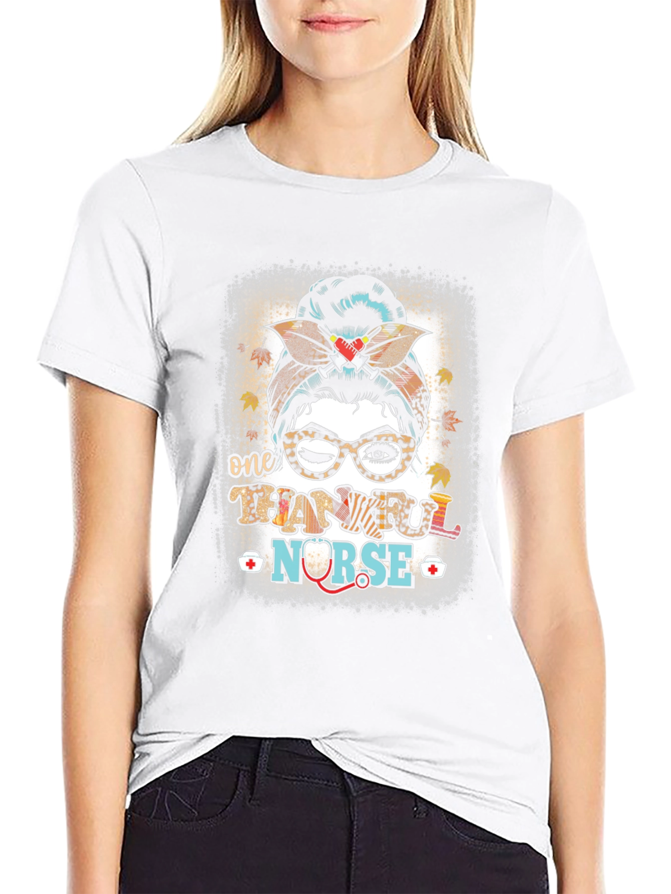 Thankful Nurse Messy Bun T-Shirt
