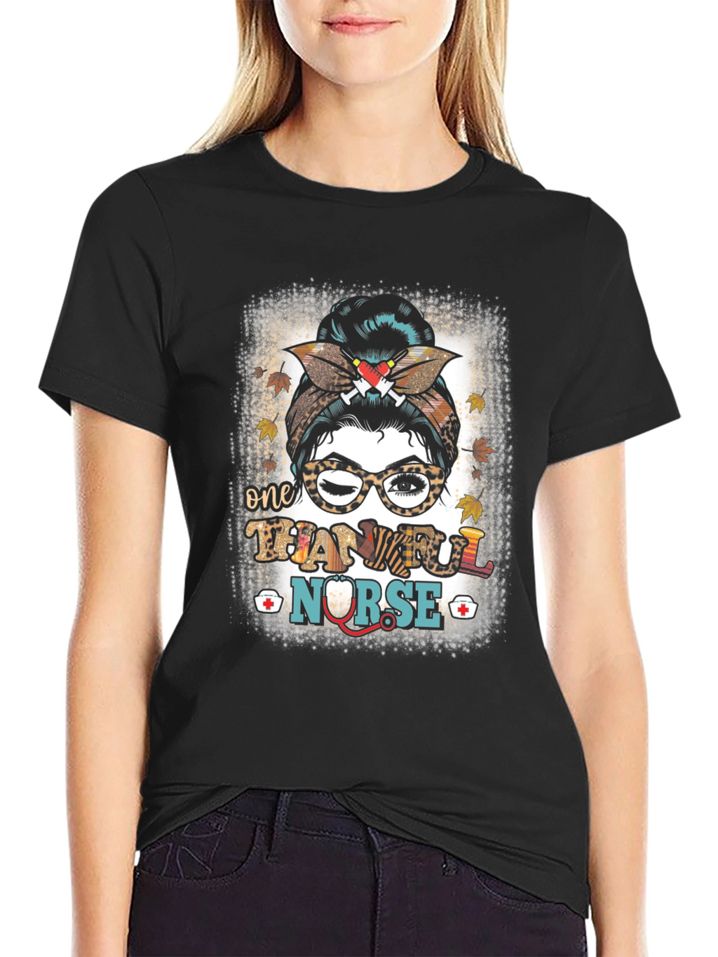 Thankful Nurse Messy Bun T-Shirt