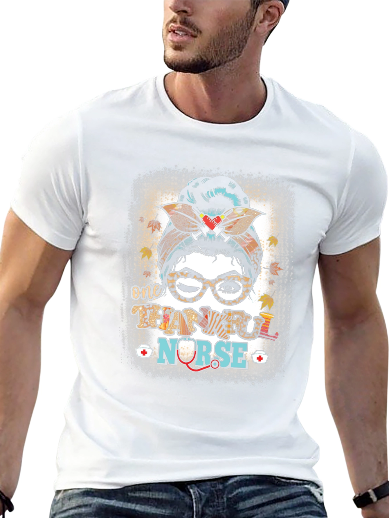 Thankful Nurse Messy Bun T-Shirt