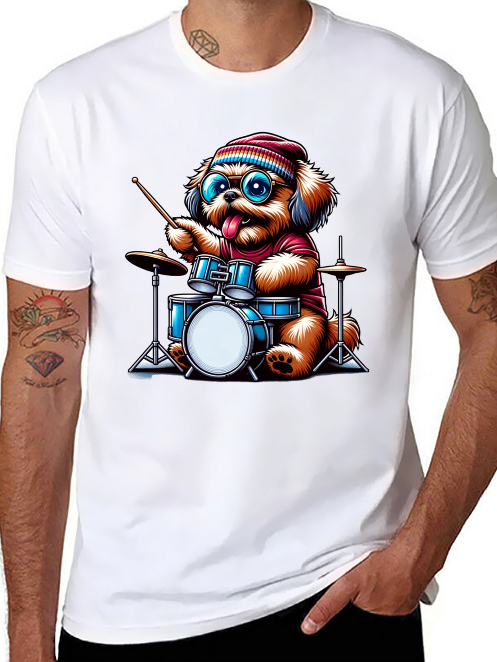 Dog Drummer T-Shirt - Cute Cartoon Animal Tee