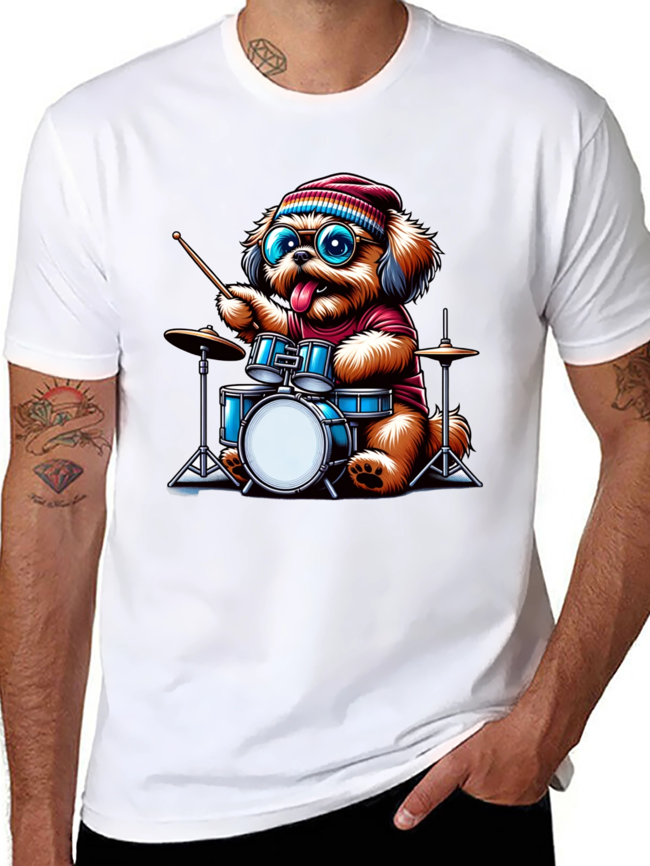 Dog Drummer T-Shirt - Cute Cartoon Animal Tee