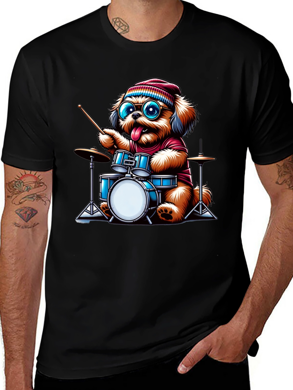 Dog Drummer T-Shirt - Cute Cartoon Animal Tee