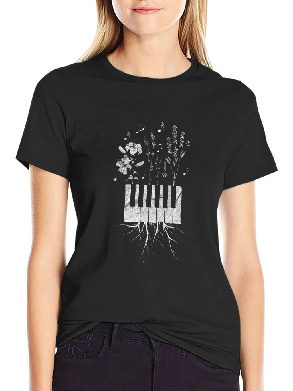 Piano Keys & Flowers Graphic T-Shirt - Black