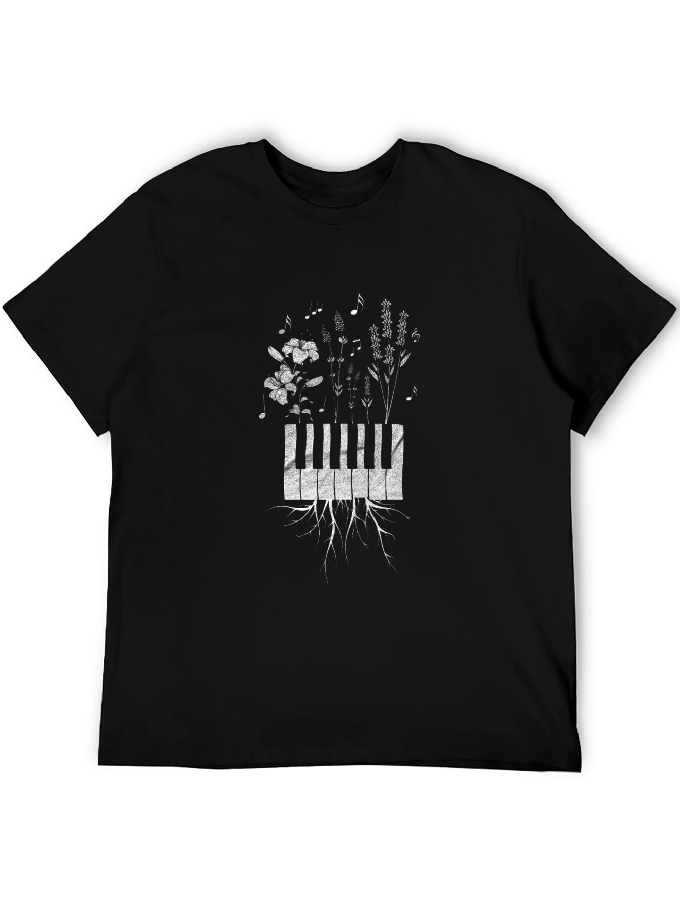 Piano Keys & Flowers Graphic T-Shirt - Black
