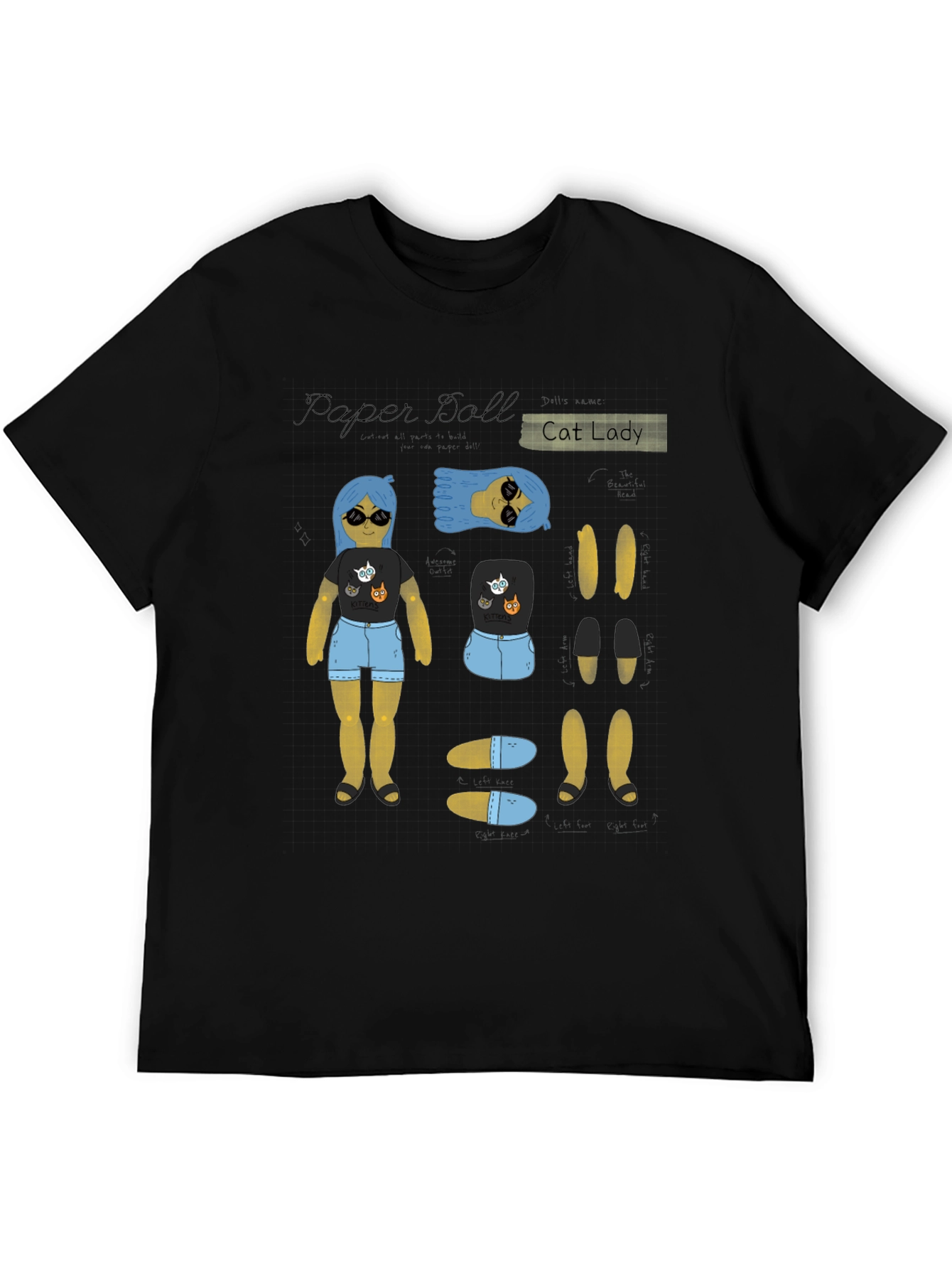 Paper Doll Cat Lady T-Shirt Novelty Tee