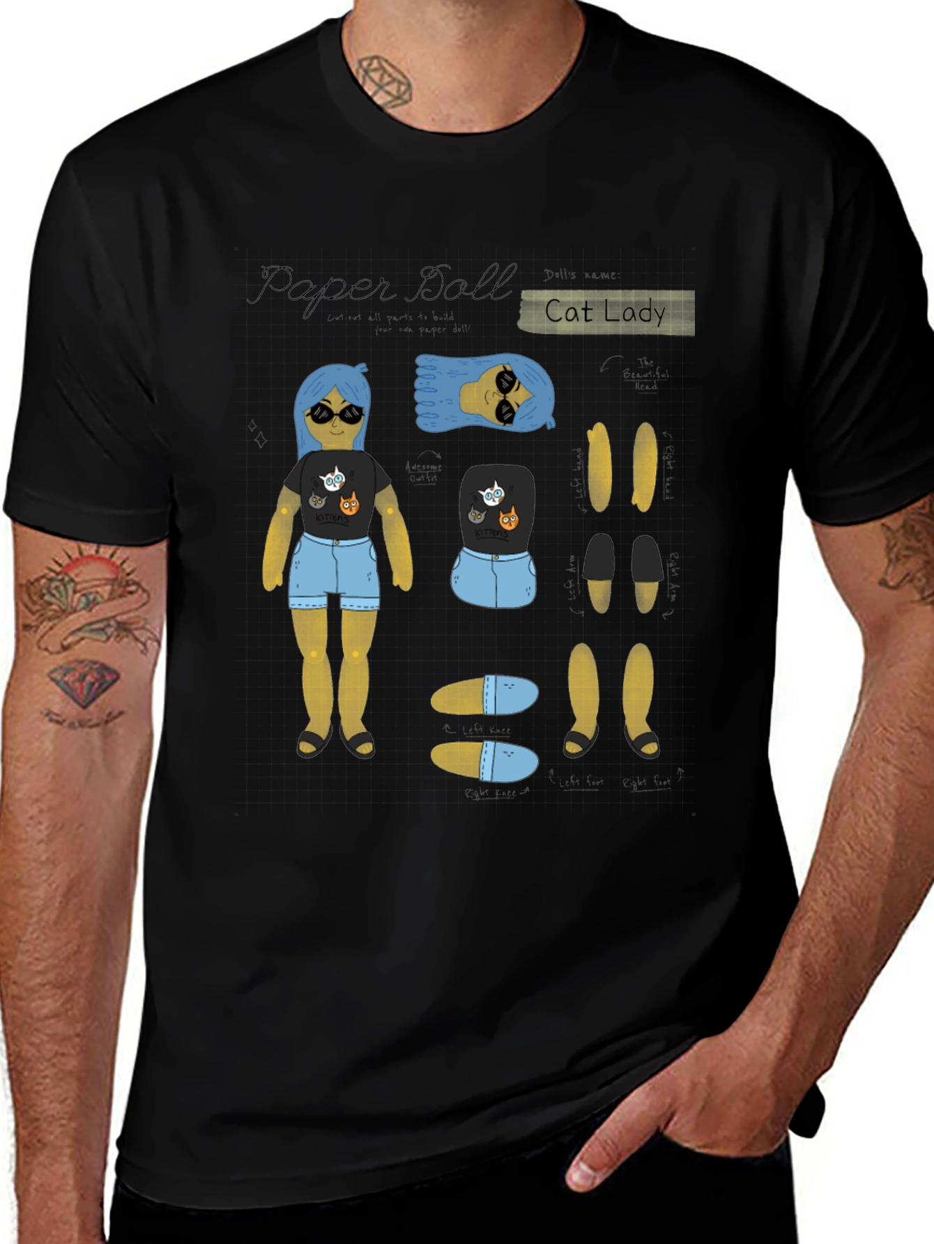 Paper Doll Cat Lady T-Shirt Novelty Tee