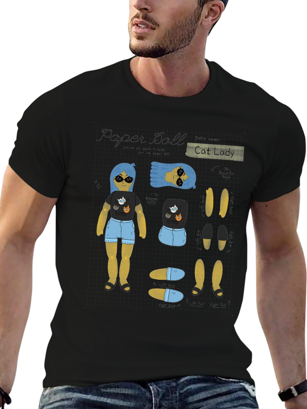 Paper Doll Cat Lady T-Shirt Novelty Tee