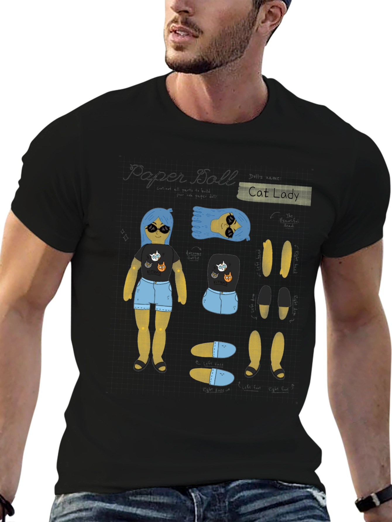 Paper Doll Cat Lady T-Shirt Novelty Tee