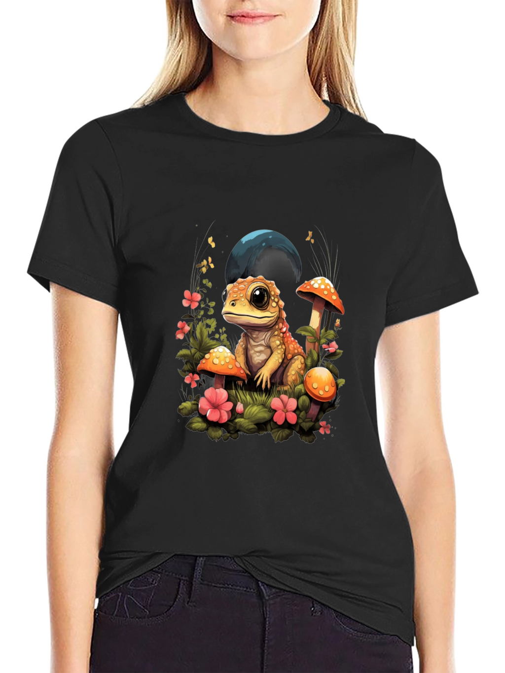 Cute Frog Mushroom Graphic Tee - Unisex Black T-Shirt