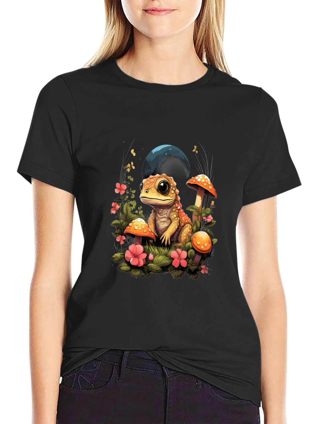 Cute Frog Mushroom Graphic Tee - Unisex Black T-Shirt